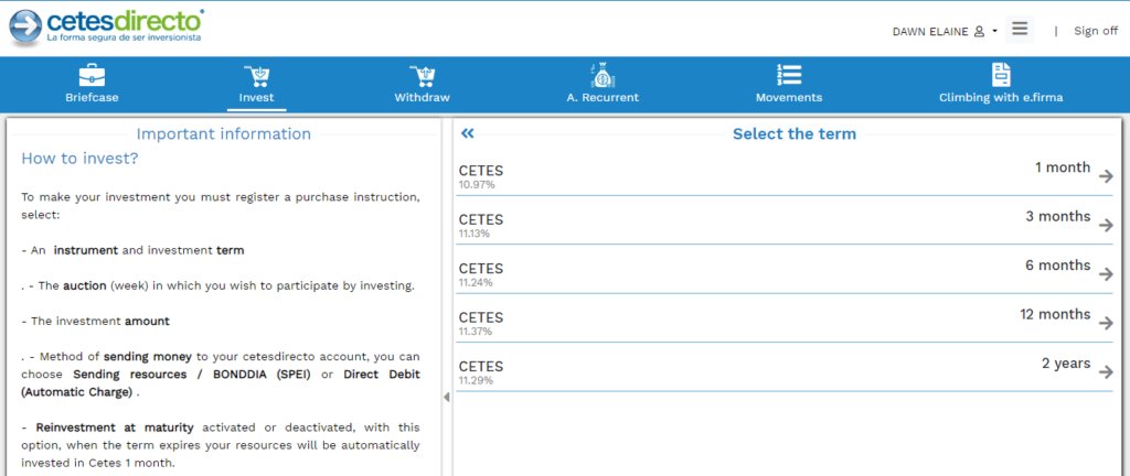 Current yields on cetesdirecto 