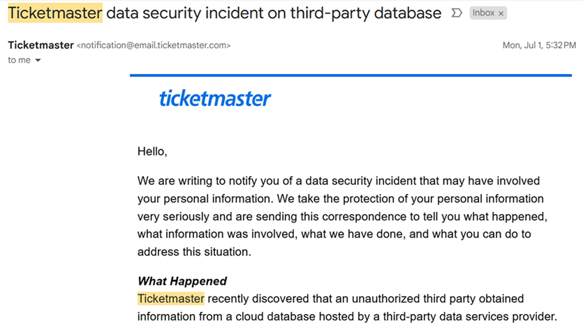 Ticketmaster breach email notification