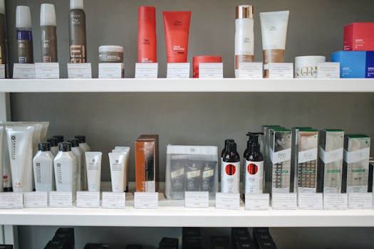 Assorted skincare and beauty products displayed on shelves.