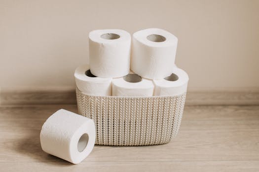 Basket of white toilet paper rolls.