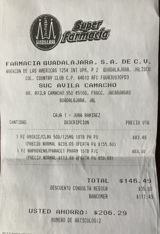 Farmacia Guadalajara receipt