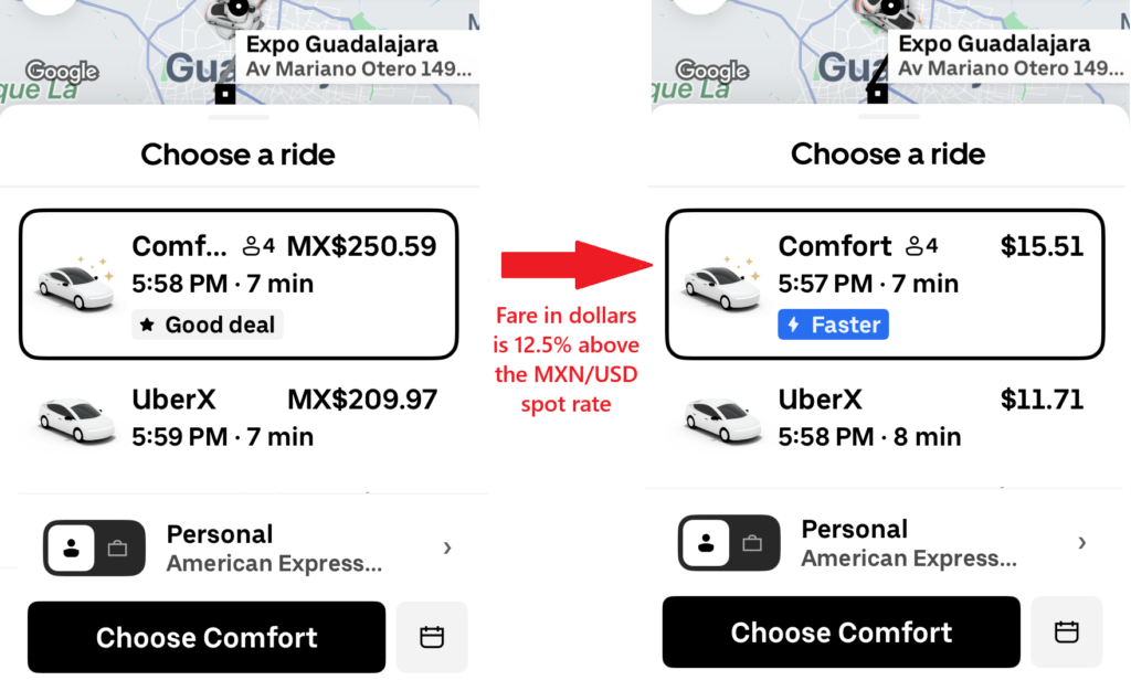 Uber fare comparison in two different currencies in Guadalajara Mexico