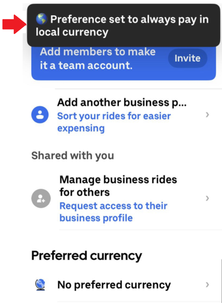 Uber app setting confirming your preference to pay in local currency
