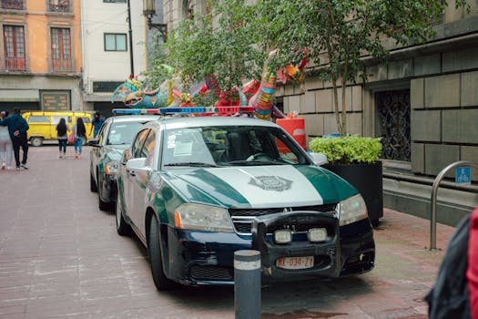 Police cars parked on a busy urban street in Mexico.
