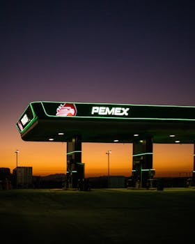Twilight view of a Pemex gas station in Mexico.