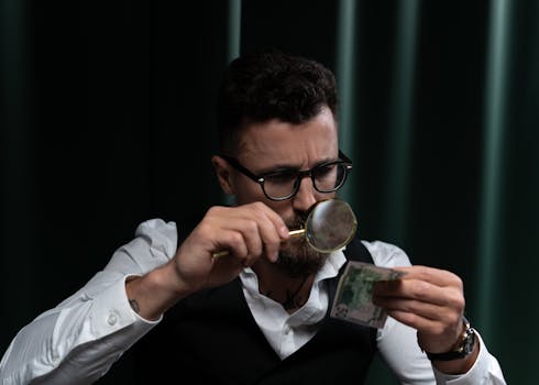 A person inspecting a banknote with a magnifying glass.